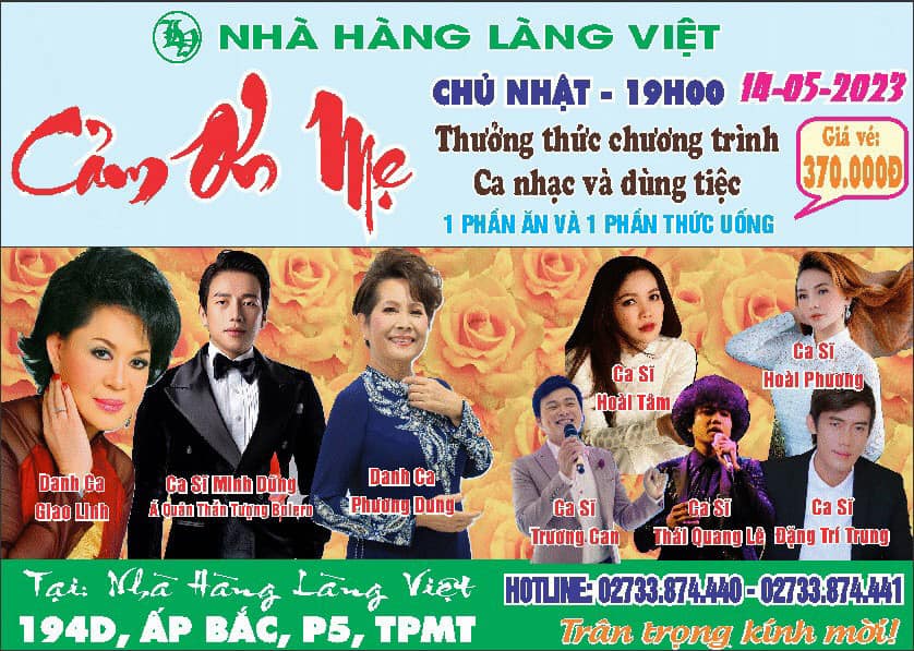 Nhà hàng Làng Việt tổ chức chương trình ca nhạc với  chủ đề "Cảm Ơn Mẹ"